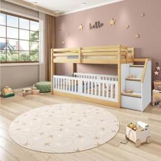 Imagem de Beliche Infantil Montessoriana Garden com Escada Lateral Kit Travessa Proteção e Grade Rn Casatema Branco/natural