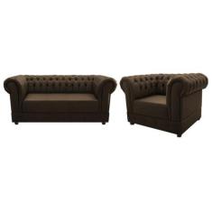 Imagem de Conjunto Sofá Divã E Poltrona Decorativa Chesterfield Capitonê Suede M