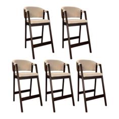 Imagem de Kit 5 Banquetas Alta com Encosto Ravena Madeira Maciça Maciça Capuccino Linho Bege Marrom CCS