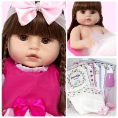 Imagem de Boneca Reborn Menina 100% Silicone 13 Acessórios Completa - Cegonha Re