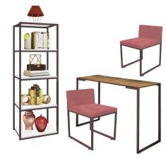 Imagem de Kit Escritório Ravi 2 Cadeiras Suede Rose com 1 Mesa e 1 Livreiro Ferro Marrom MDF Rústico - Ahazzo Móveis