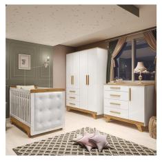 Imagem de Quarto de Bebê Berço com Capitonê Guarda-roupa e Cômoda 100% Mdf Retrô Kakau Espresso Móveis Branco Brilho/Amêndoa/Branco