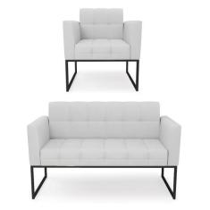 Imagem de Kit 1 Sofá Namoradeira E 1 Poltrona Elisa Linho Cinza A05 Base Metálic