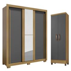 Imagem de Guarda Roupa Solteiro Nevoa Flex 3 Portas de Correr com Espelho e Armário Multiuso Egito Carvalho Americano Grafite - Incorplac