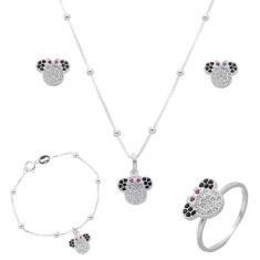 Imagem de Conj. Colar Pulseira Brinco Anel Infantil Minie Pedra Prata - Lojas La