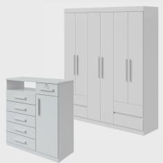 Imagem de Conjunto de Guarda-Roupa Casal com Espelho 6 Portas 4 Gavetas Zeus e Cômoda Da Vinci Branco
