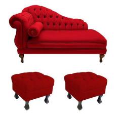 Imagem de Divã Recamier Namoradeira Larissa 150cm + 2 Puffs Retrô Suede Vermelho