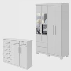 Imagem de Conjunto de Guarda-Roupa 4 Portas 2 Gavetas Zeus com Espelho e com Pés e Cômoda Toronto Branco