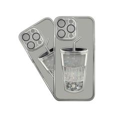 Imagem de Capas de telefone exclusivas em forma de copo com glitter em movimento com protetor de tela, capa de celular com glitter líquido fluido de areia rápida para iPhone 15, 15 Pro, 15 Pro Max (prata,