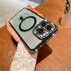 Imagem de Capa magnética Gradient Glitter Diamond para iPhone 11 13 12 14 Pro Max 14 Plus Capa de carregamento sem fio transparente macia, verde, para iPhone 14 Pro