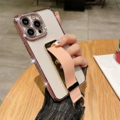 Imagem de Alça de pulso anel de dedo suporte invisível capa de telefone para iPhone 14 15 ProMax 12 13 Pro Max 11 Plus capa luxuosa revestida de diamante, rosa, para iphone 15Pro