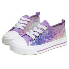 Imagem de Toandon Meninas Crianças Tênis Glitter Lantejoulas Sapatos de Lona Criança Criança Brilho Brilho Baixo Superior Rendas Até Antiderrapante Leve Caminhada Ao Ar Livre Roxo Tamanho 12