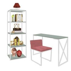 Imagem de Kit Escritório Bex 1 Cadeira Suede Rose com 1 Mesa e 1 Livreiro Ferro Branco MDF Verde Oliva - Ahazzo Móveis