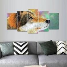 Imagem de Quadro Decorativo Lobo Artístico Colorido Mosaico 5 Peças