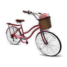 Imagem de Bicicleta Feminina Aro 26 Com Cesta Tpo Vime Retrô 6 Marchas - Maria C