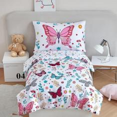 Imagem de Roupa de cama infantil PERFEMET, 4 peças, rosa borboleta, floral