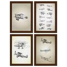 Imagem de Quadros Vintage Aviões Antigos Moldura Marrom 33x43cm 4un