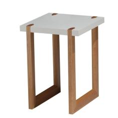 Imagem de Mesa Lateral Zurique Univ 45 cm Tampo de Madeira Vidro Colado Laca Off White Base Madeira Amêndoa