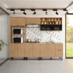 Imagem de Cozinha Modulada Toscana 5 Peças em Mdf com Aéreo 1200 Porta de Vidro Basculante e Torre Quente 2 Fo Freijó