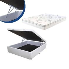 Imagem de Cama Box Baú Casal Colchão Mola Bonnel + Box Sintético Branco 59x138x188