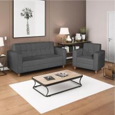Imagem de Kit Sofá 180cm e Poltrona em Linho Dallas Cinza Escuro