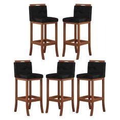 Imagem de Kit 5 Banquetas Alta Encosto Estofado 38x102 Cm Turim Madeira Maciça Castanho Suede Preto CCS