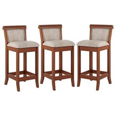 Imagem de Kit 3 Banquetas Média Estofada Encosto Mônaco 36x90Cm Bancada Madeira Maciça Linho Bege M58 - RMI