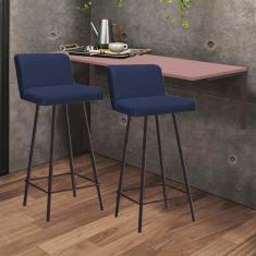 Imagem de Kit Mesa Suspensa de Parede Fixa MDF Rosa + 2 Banquetas Lexi Ferro Marrom Sintético Azul Marinho - Ahazzo Móveis