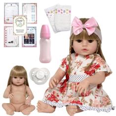 Imagem de Boneca Reborn Menina Loira 100 % Silicone e 13 Acessórios