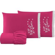 Imagem de Jogo De Cama Casal Padrão 3 Pçs Bordado Elásticado Marrom Branco Preto