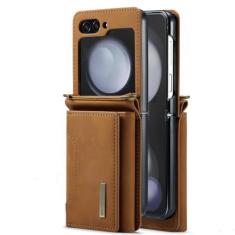 Imagem de Carteira crossbody cartões capa de couro para Samsung Galaxy Z Flip 5 3 4 5G Flip5 Flip4 bolsa de corda longa capa de cordão de bolso, marrom, para Samsung Z Flip 4