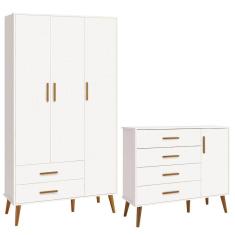 Imagem de Comoda Sapateira e Guarda Roupa Isis Retrô 3 Portas 2 Gavetas Branco Fosco - Reller