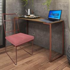 Imagem de Kit Escritório Stark Cadeira e Mesa Industrial Ferro Bronze Tampo MDF Ambar Suede Rose Gold - Ahz Móveis
