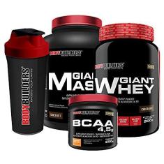 Imagem de Kit Hipercalórico Giant Mass 3kg + Giant Whey 900g + BCAA 4.5g 250g Tangerina + Coqueteleira – Bodybuilders Sabor: Choco