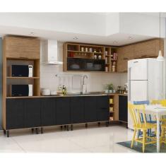Imagem de Cozinha Modulada Completa De Canto Mdf 9 Peças Lombardia Com Porta De Vidro - Cor Freijó Nero