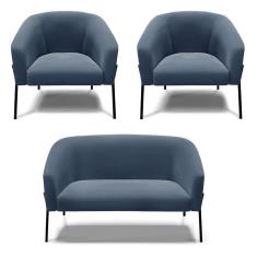 Imagem de Sofá Namoradeira E 2 Poltronas Pé De Ferro Preto Stella Suede Azul Marinho D03 - D`rossi