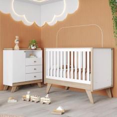 Imagem de Quarto de Bebê com Berço 3 em 1 e Cômoda 3 Gavetas 1 Porta Retrô Theo 