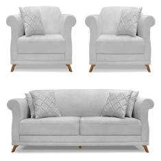 Imagem de Kit 2 Poltronas e Sofá Living 2 Lugares 1,60m Vênus Linho Cinza Pés Ca