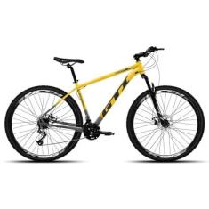 Imagem de Bicicleta MTB Aro 29 GTI Roma 27v Freios Hidráulicos e Suspensão com Trava,Preto Degradê Amarelo