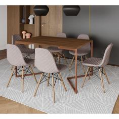 Imagem de Mesa Industrial Retangular Amêndoa Base V Cobre 137x90cm com 6 Cadeiras Madeira Estofadas Nude Médio