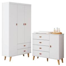 Imagem de Cômoda Infantil Com Guarda Roupa 3 Portas Duda Branco Acetinado Bétula
