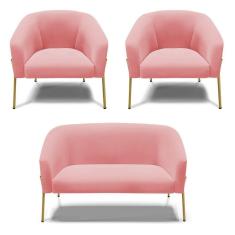Imagem de Sofá Namoradeira E 2 Poltronas Pé De Ferro Dourado Stella Suede Rosê D03 - D'rossi