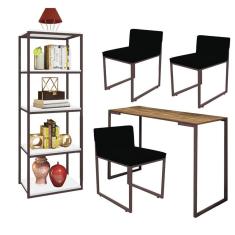 Imagem de Kit Escritório Ravi 3 Cadeiras Suede Preto com 1 Mesa e 1 Livreiro Ferro Marrom MDF Castanho - Ahazzo Móveis