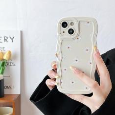 Imagem de ZTOFERA Capa compatível com iPhone 15, moldura ondulada exclusiva com padrão de margarida, silicone líquido macio, antiimpressões digitais, à prova de choque, cobertura total e capa protetora de lente