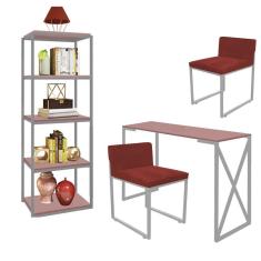 Imagem de Kit Escritório Bex 2 Cadeiras Suede Vermelho com 1 Mesa e 1 Livreiro Ferro Cinza MDF Rose Rosa - Ahazzo Móveis