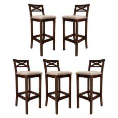 Imagem de Kit 5 Banquetas Alta Estofada para Bancada Madri Madeira Capuccino Sue