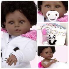 Imagem de Bebe Reborn Silicone Negra Enxoval Panda Kit Itens Pelúcia - Cegonha R
