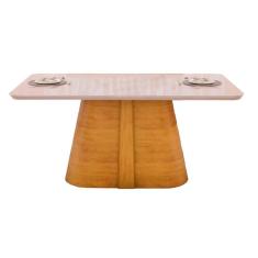 Imagem de Mesa de Sala Jantar Ryze c/ Tampo Madeirado Vidro Curvo 180x100cm Cedro/Off White - DJ Móveis