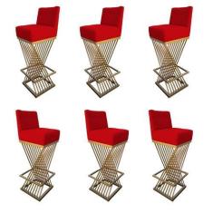 Imagem de Kit 06 Banquetas Luma Base de Ferro Sued Vermelho - D'Classe Decor