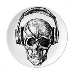 Imagem de Fone de ouvido de caveira com estampa louca de sobremesa de porcelana decorativa de 20 cm, jantar em casa